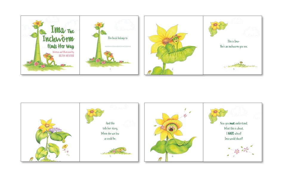 Storybook for juniors about an inchworm teaching about determination example.