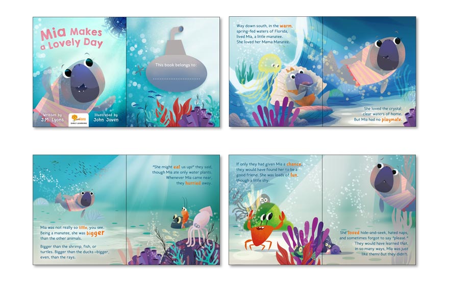 Infant book set underwater with fish and bubbles example.