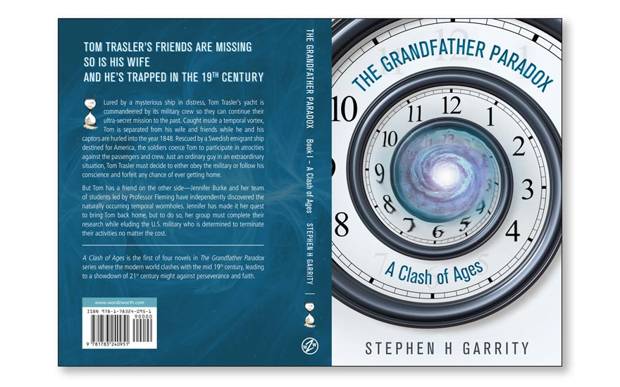 Time travel theme illustrated cover for a novel example.