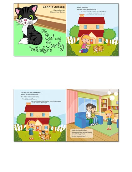 Childrens picture book about a cat with curly typography example for mobile.