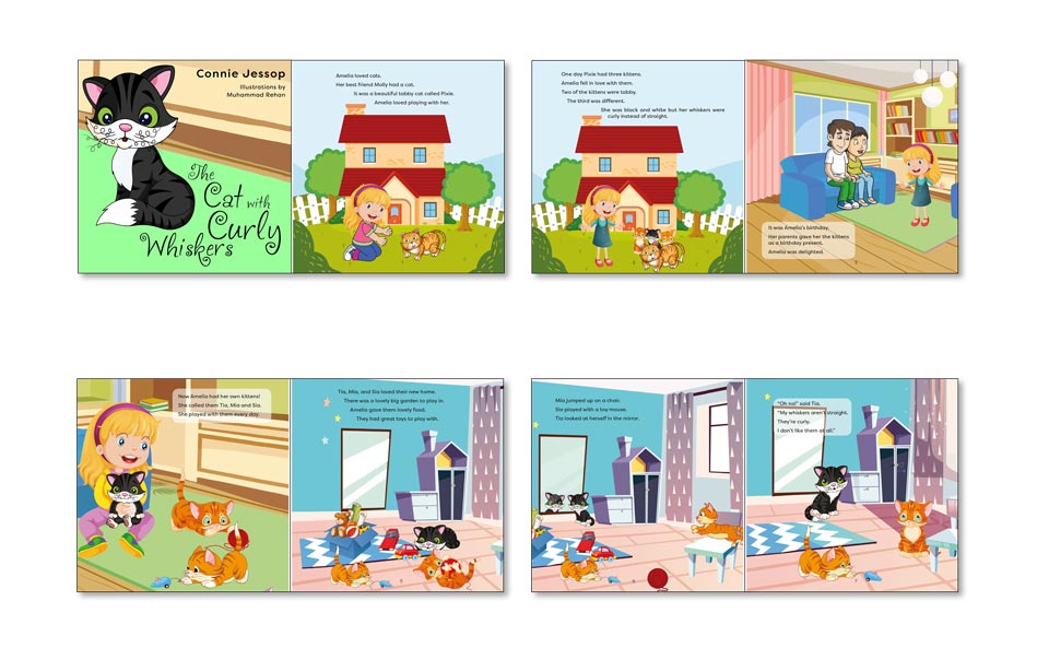 Childrens picture book about a cat with curly typography example.