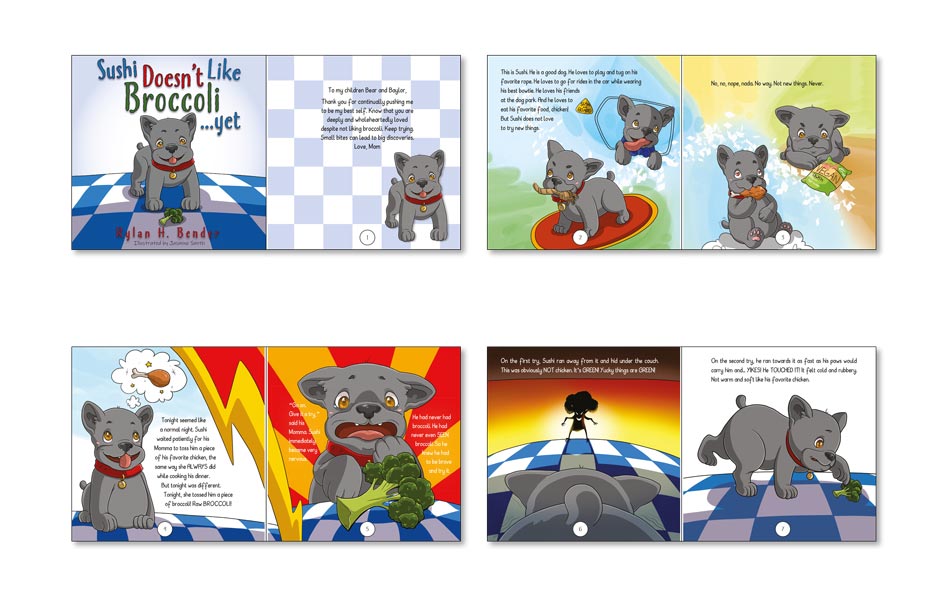 Childrens picture book with a funny cartoon dog example.