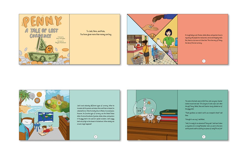 Childrens illustrated book about money example.