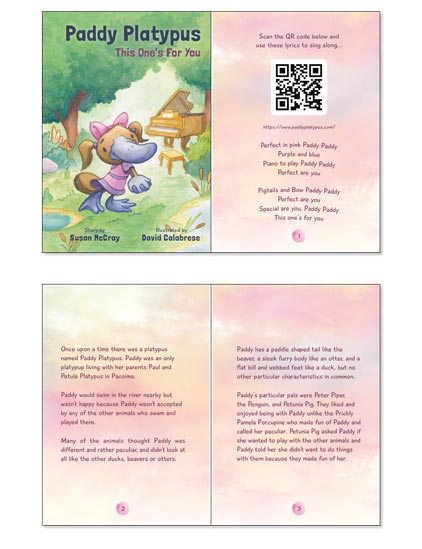 Childrens picture book about a platypus with lyrics example for mobile.