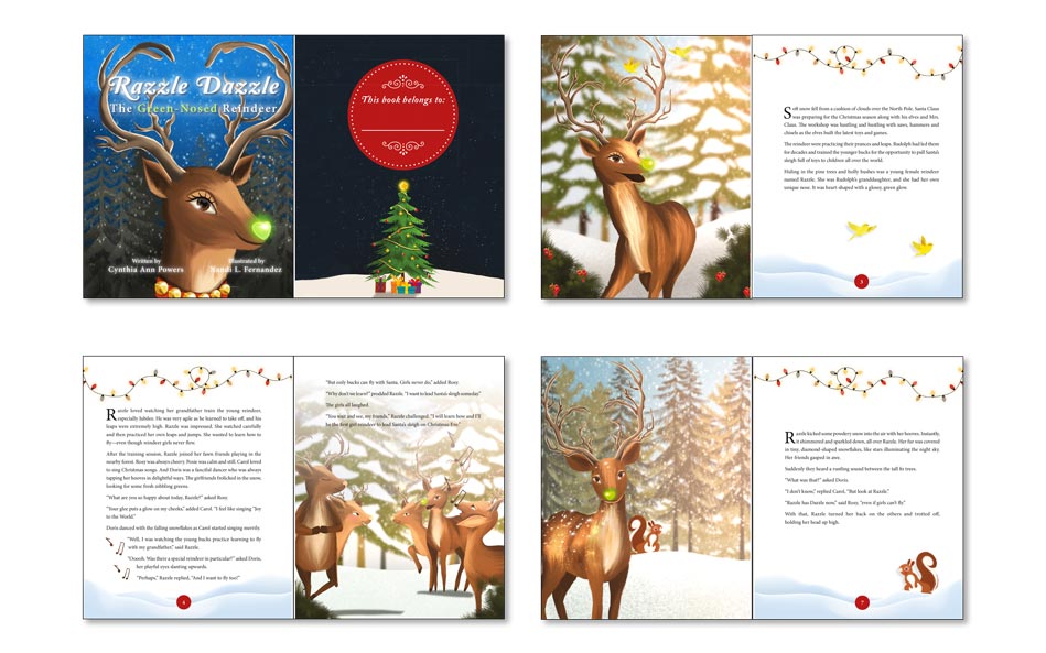 Festive illustrated book about a christmas reindeer example.