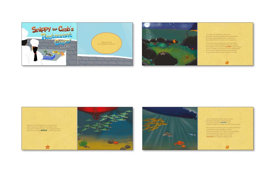 Storybook about the adventures of a crab underwater design example.