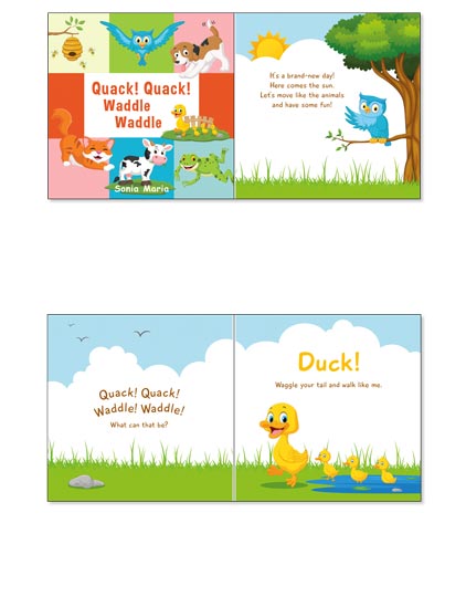 Kids book with pet animals on adventures design example for mobile.