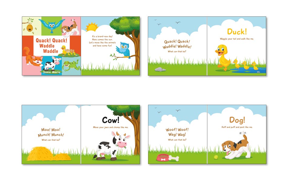Kids book with pet animals on adventures design example.