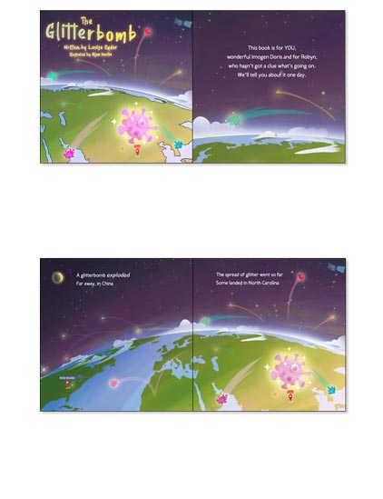 Kids book with full page glitter bright illustrations example for mobile.