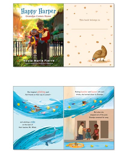 Kids illustrated book about grandpa coming to visit with bright pictures example for mobile.