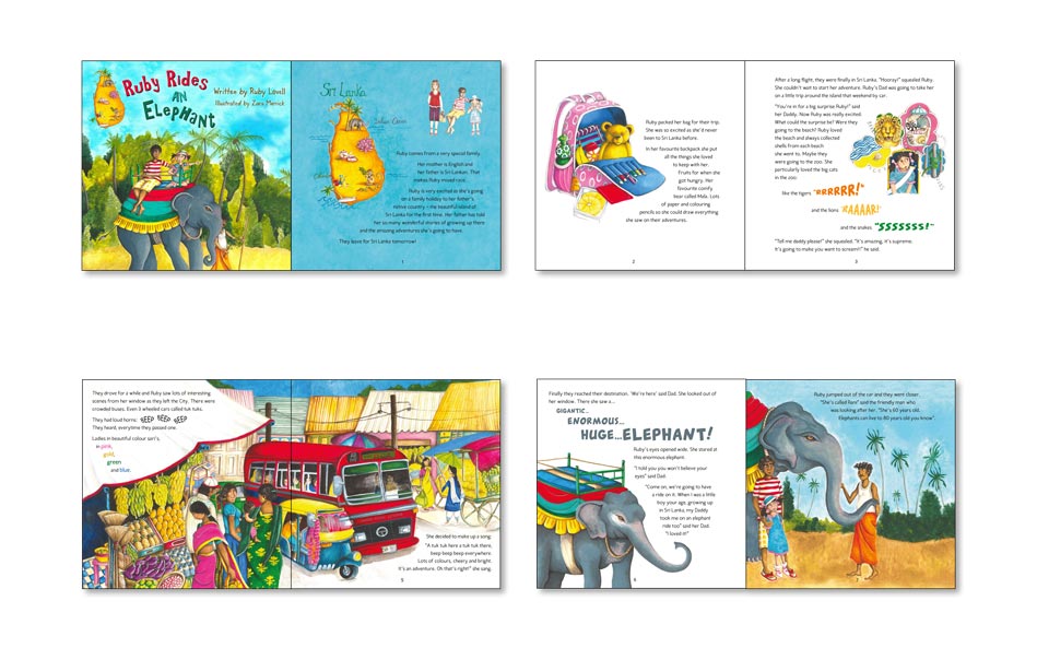 Adventure picture book set in Sri Lanka bright colors and sketches example.