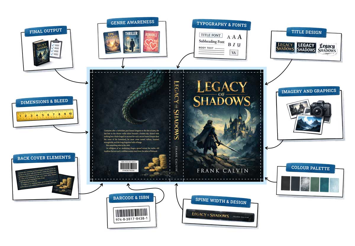 Book cover design diagram showing typography, imagery, genre, bleed, spine, barcode and back cover elements
