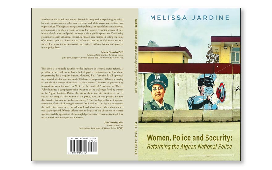 Imagery of afghan women in the police shown as graffiti on cover design example.