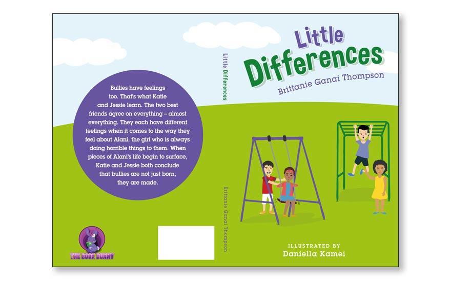 Children's book cover with vector drawings of kids on swings illustration example.