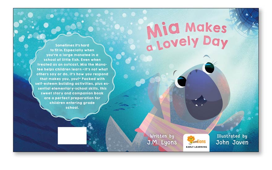 Kids book cover with caricature mantee fish as cover illustration artwork example.