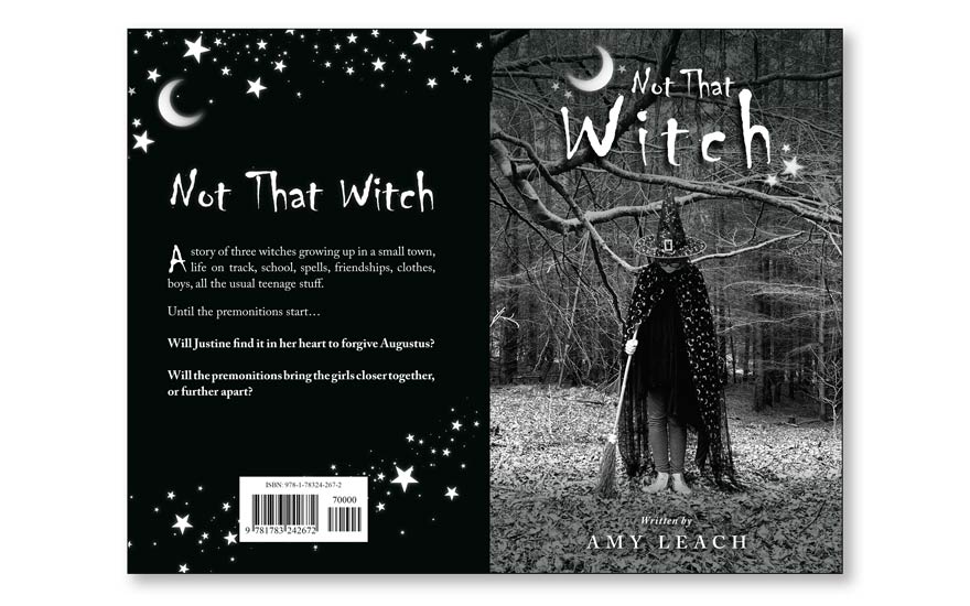 Story book about a young witch with black and white cover design example.