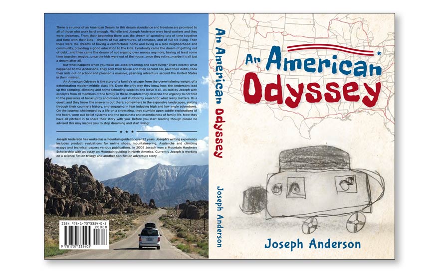 Quirky travel journal of mountain driving in campervan cover design example.