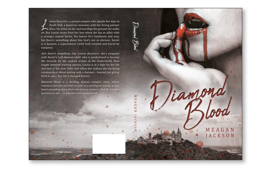 Vampire romance thriller novel cover design artwork example.