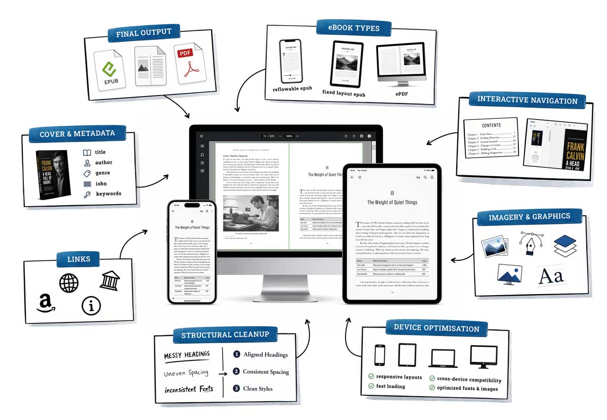 Ebook formatting process from print-ready book to tested digital edition