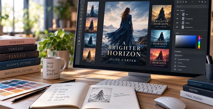 A book cover explored as several variants on a designer's screen, beside a notebook of cover ideas and shelved genre titles