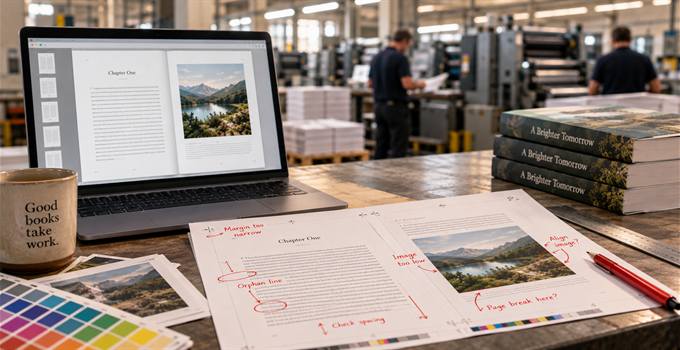 A book layout on screen beside a marked-up printed proof and finished hardbacks on a print factory floor