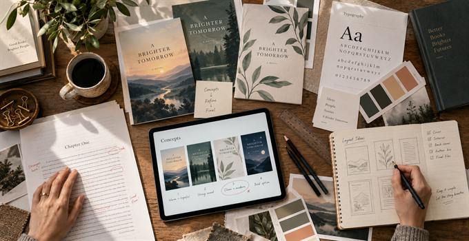 A designer's desk with several cover concepts, a tablet showing options, a typography sheet and a notebook of layout ideas