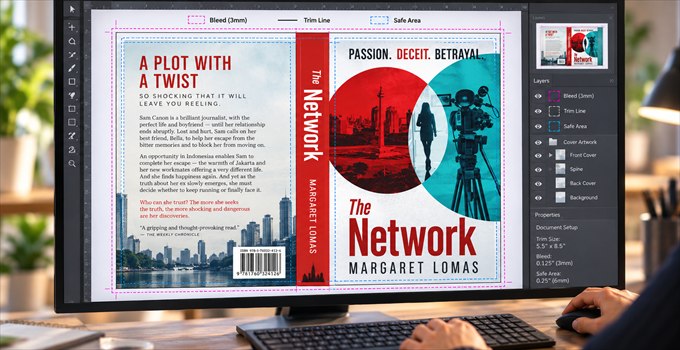 A book cover laid out as a full spread on a printer's template, showing front, spine, back, bleed and safe areas