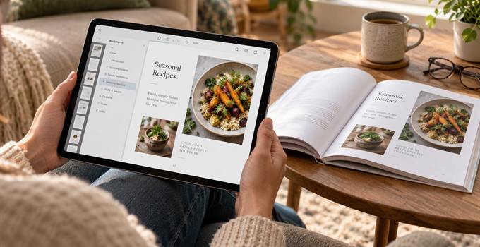 An ePDF of a recipe book open on a tablet with its bookmark panel showing, beside the same page in the printed book