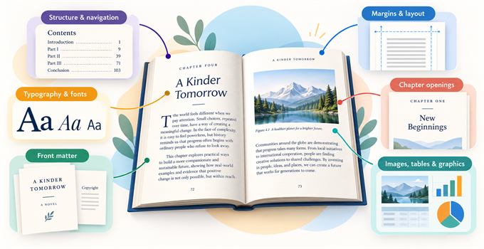 An open book surrounded by the elements of formatting: contents, typography, front matter, margins, chapter openings and images