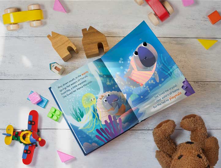 Children's illustrated book designed in full color open in kids playroom.