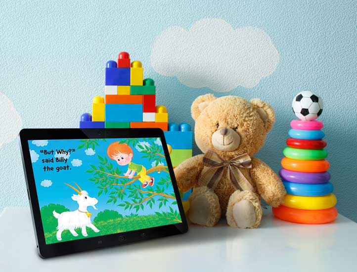 Fixed layout ebook of children's book on iPad in kids playroom.